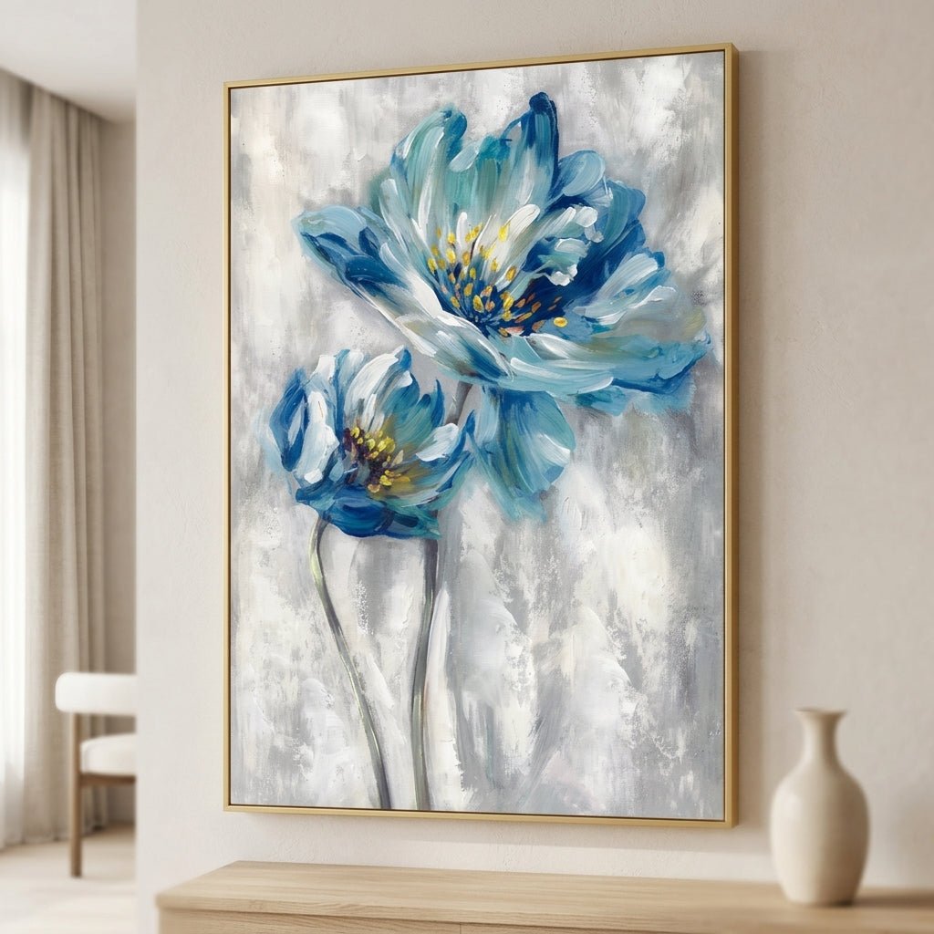 Blaue Blüten Gold Handgemalt Gemälde - Norea