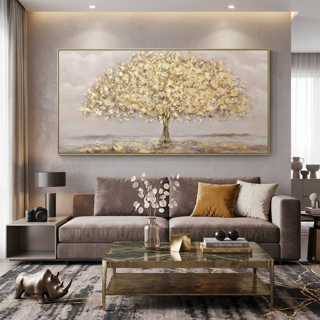 Blütenbaum Creme Gold Handgemalt Gemälde - Norea