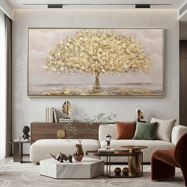 Blütenbaum Creme Gold Handgemalt Gemälde - Norea