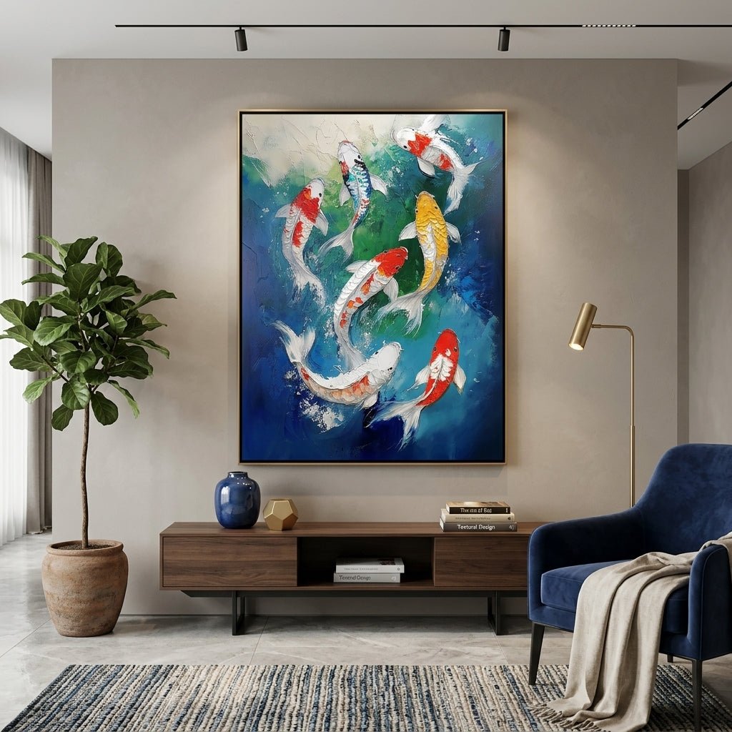 Koi Fische Blaugrün Handgemalt Gemälde - Norea
