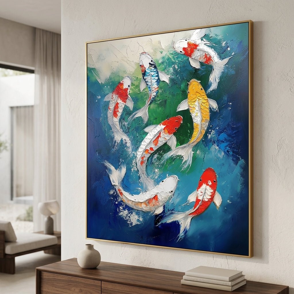 Koi Fische Blaugrün Handgemalt Gemälde - Norea