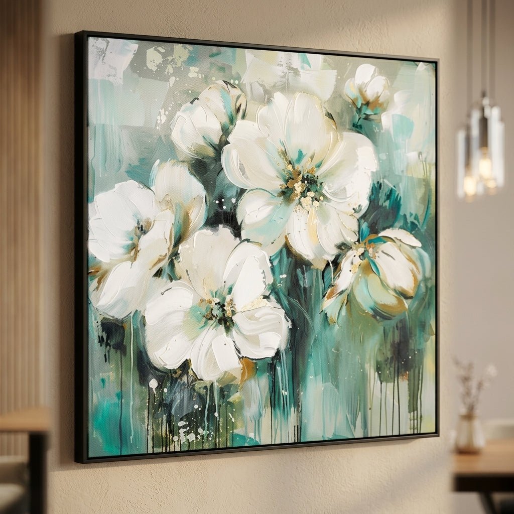 Weiße Blüten Grün Handgemalt Gemälde - Norea