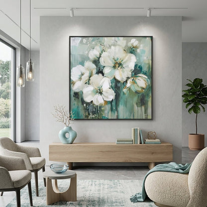 Weiße Blüten Grün Handgemalt Gemälde - Norea