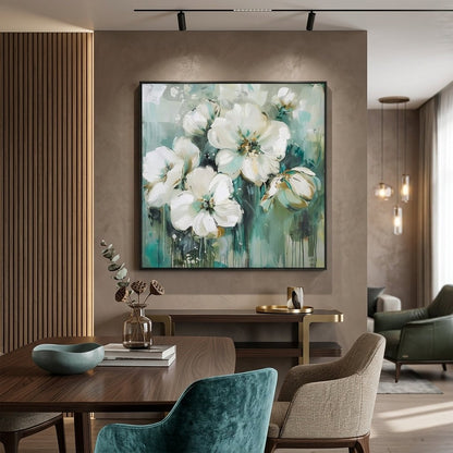 Weiße Blüten Grün Handgemalt Gemälde - Norea