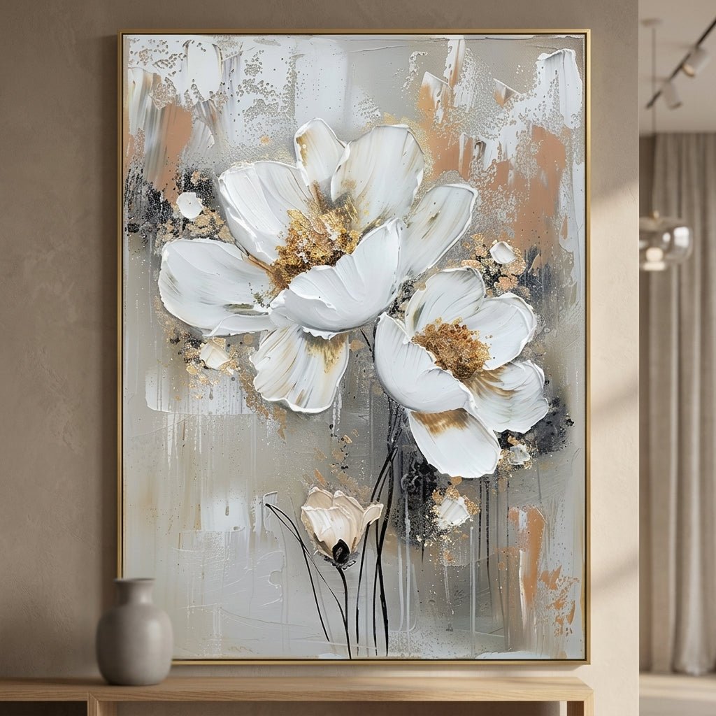 Weiße Eleganz Gold Handgemalt Gemälde - Norea