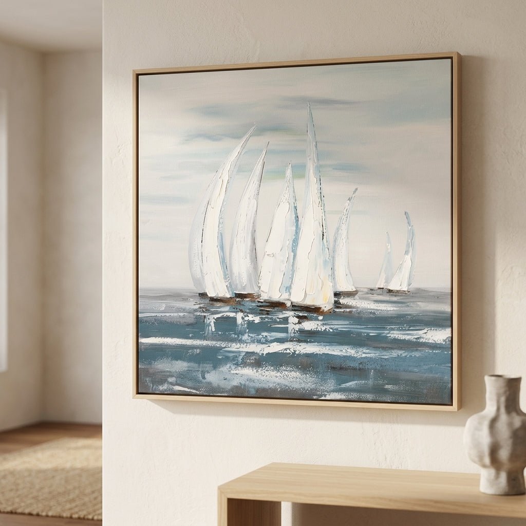 Weiße Segelboote Blau Handgemalt Gemälde - Norea