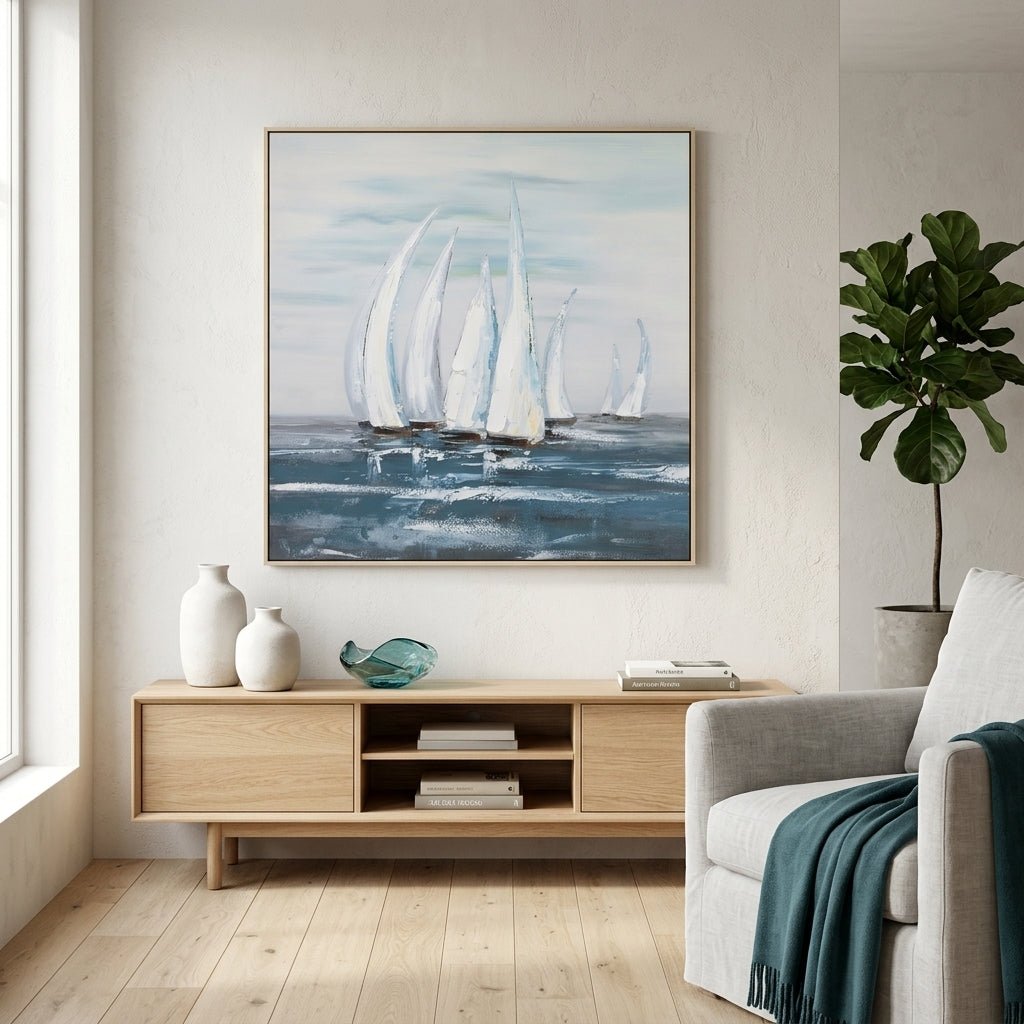 Weiße Segelboote Blau Handgemalt Gemälde - Norea