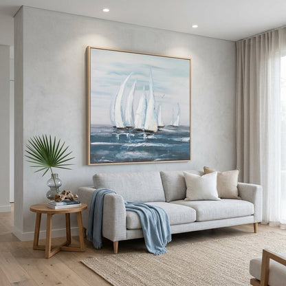 Weiße Segelboote Blau Handgemalt Gemälde - Norea